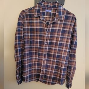 Mens Navy and Tan Plaid Casual Shirt